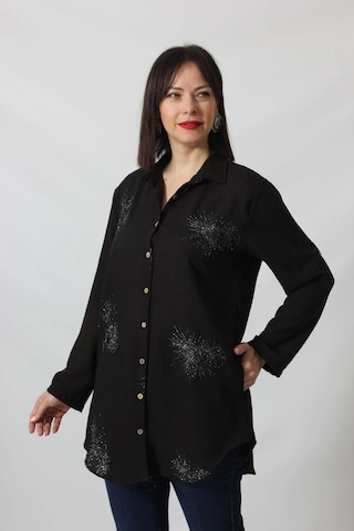 Moda Berray Sb-092 Siyah Gümüş Yaldızlı Güneş Desenli Kolu Apoletli Yandan Cepli Tunik Gömlek Kadın Büyük Beden Siyah