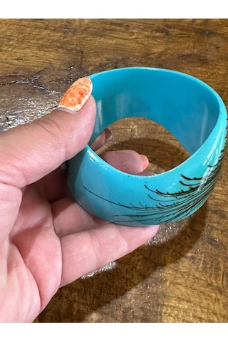 Tavus Kuşu Kanadı Desenli Kemik Kadın Hint Bileziği Çap 7 Cm Turkuaz