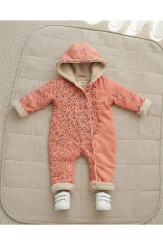 Tuffy Kids Somon Çiçek Desenli Kapüşonlu Kız Bebek Tulum Somon-ekru