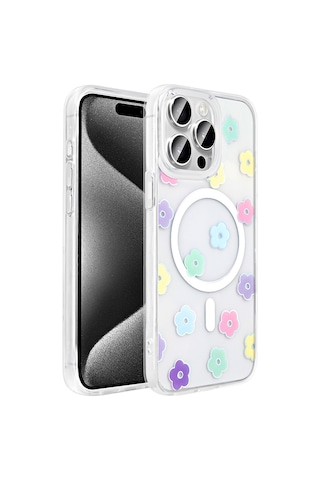 Techaks Apple Uyumlu iPhone 15 Pro Max Kılıf M-safe Şarj Özellikli Şeffaf Zore Folk Sert Kapak - Papatya Beyaz