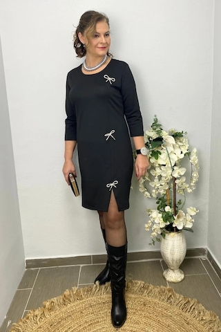 Mia Butik Kadın Siyah Broş Hediyeli Star Elbise Siyah