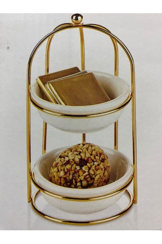 2 Katlı Gold Detaylı Standlı Porselen Yuvarlak Kaseli Şekerlik Sosluk Sunumluk