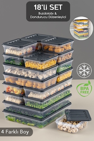 Mikrodalga Ve Difriz Uyumlu 18 Parça Saklama Kabı Seti ,2x2400ml 4x1200ml 4x1170ml 8x600ml, Antrasit Antrasit