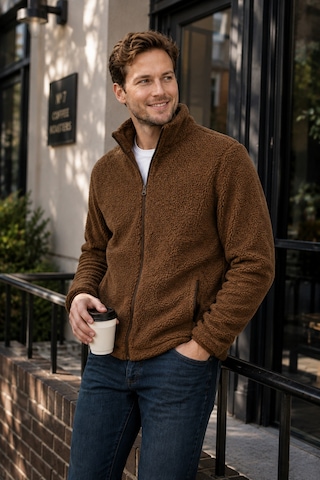 Luxıc Core Erkek Peluş Mont Slim Fit Dik Yaka Fermuarlı Cepli Günlük Spor Ceket Kahverengi