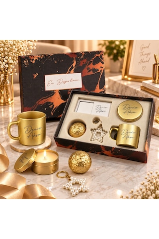 Bk Gift Kişiye Özel İsimli Gold Kahve Fincanı & Mum & Mdf Altlıklı Dekor & Anahtarlık - Hediye Kutulu Gold Set-1