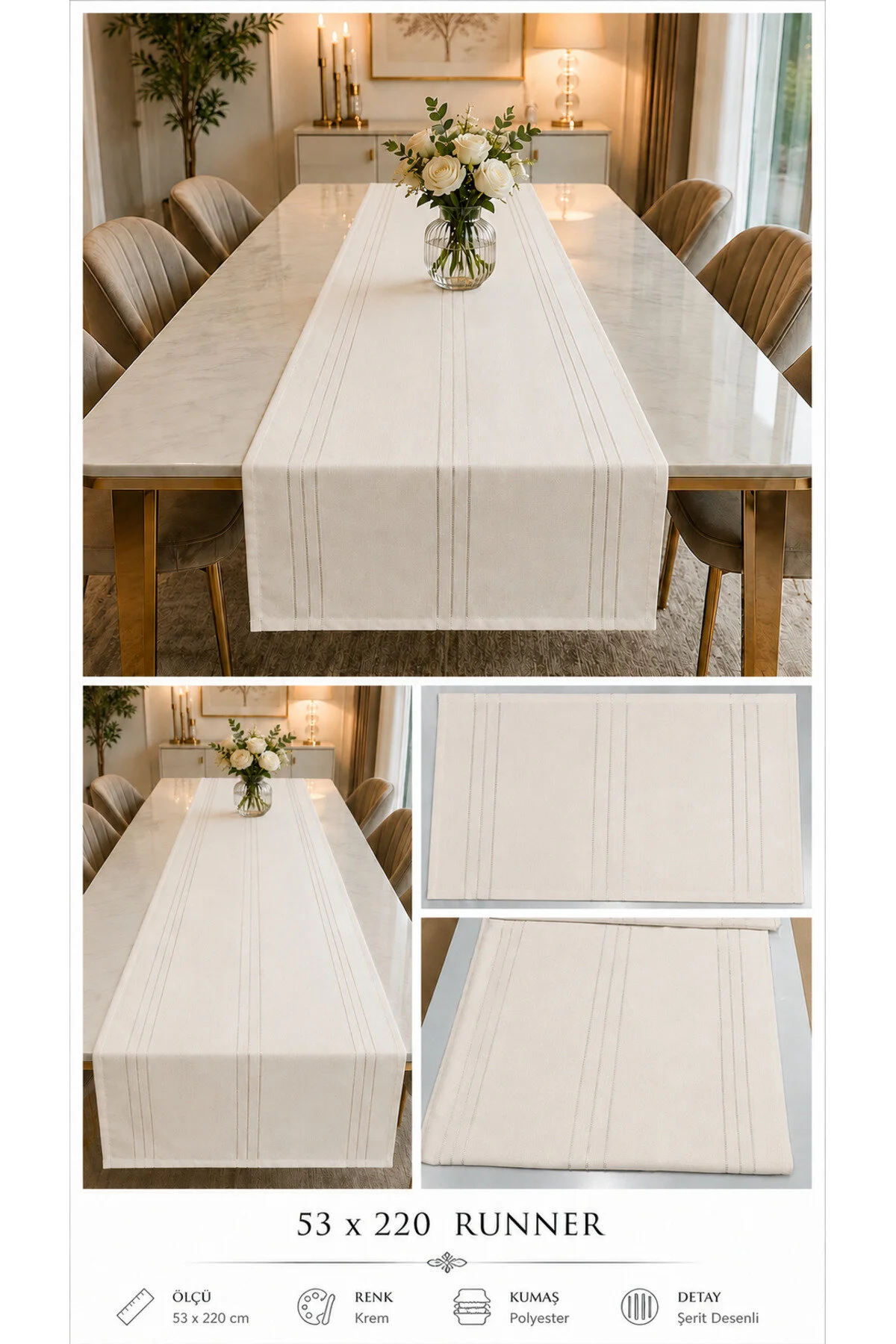 %100 Polyester Dertsiz Leke Tutmaz Şerit Desenli Runner Masa Örtüsü 53x200 Cm Krem