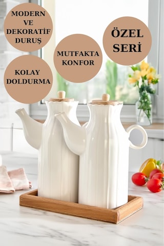 3'lü Standlı Yağdanlık Seti Sirkelik Zeytin Yağlığı 1 Lt Beyaz
