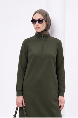 Armine Trend Fermuar Detaylı Uzun Basic Tunik Küf Yeşili Agtn1412