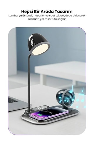 4-in-1 Kablosuz Şarj Standı İphone & Android Uyumlu, Siyah Masa Lambası Ve Bluetooth Hoparlörlü