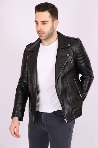 Erkek Siyah Hakiki Deri Yakalı Asimetrik Fermuarlı Spor Mont