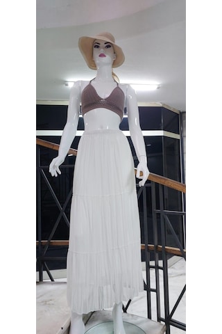Eren Style Beli Lastikli Astarlı Uzun Şifon Etek-8960 Beyaz