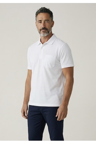 Erkek Yakalı Cepli Pike Lacoste Kumaş Beyaz Baba Tshirt