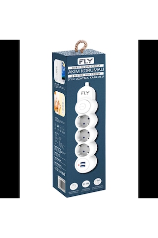 Fly 3393-01, 3 Soket, 2 Usb, Akım Korumalı Priz, 2.1a, Anahtarlı, 2mt Kablo, Beyaz