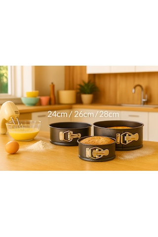 3 Lü Metal Kelepçeli Kek Kalıbı Seti 24-26-28 Cm Yapışmaz Çıkartılabilir Tabanlı Sİyah