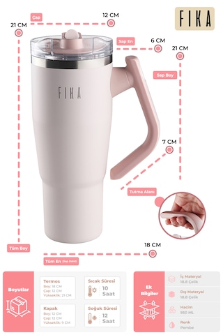 Fika Lumi Patentli Döner Kulplu Sızdırmaz Çift Ağızlıklı Çelik Termos 950 Ml Pembe