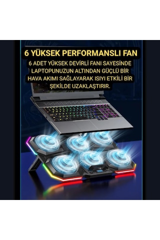 Coofbe 6 Fanlı 12 Rgb Işık Modlu Kademe Standlı Lcd Göstergeli Notebook Soğutucu Laptop Standı Soğutucu
