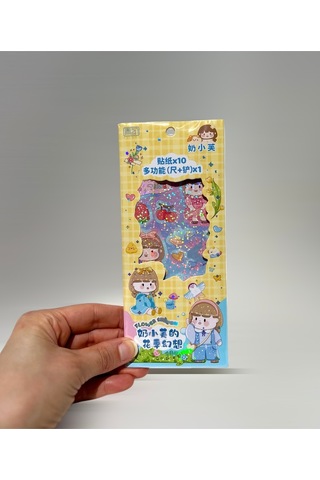 Kawaii Sevimli Karakter Çiçekli Sticker Seti, 10 Yapışkanlı Etiket, Cetvel Çok Renkli