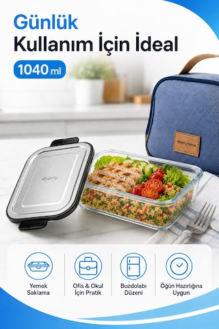 1040 Ml Kilitli Cam Saklama Kabı İnoks Kapaklı Yemek Ve Kahvaltılık Kabı Şeffaf