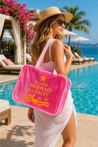 Hig Home Pembe Büyük Boy Şeffaf Plaj Çantası Mermaid Baskılı, Su Geçirmez, Tatil Çantası