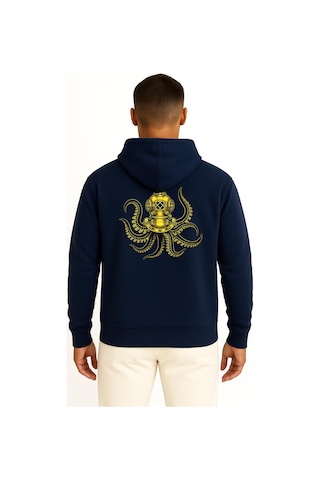 Bahriyeli Collection Kapüşonlu Steampunk Octopus Dalgıç Başlığı Cep Ve Sırt Baskılı Unisex Sweatshirt Lacivert