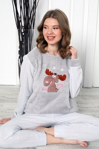 Wordex Fwn 04-3301 Peluş Welsoft Polar Kışlık Yumoş Geyikli Kadın Pijama Takımı Gri