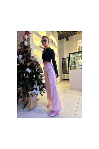 Winmoda34 Kadın Scuba Beli Lastikli Kargo Cepli Salaş Bol Paça Eşofman Altı Pembe