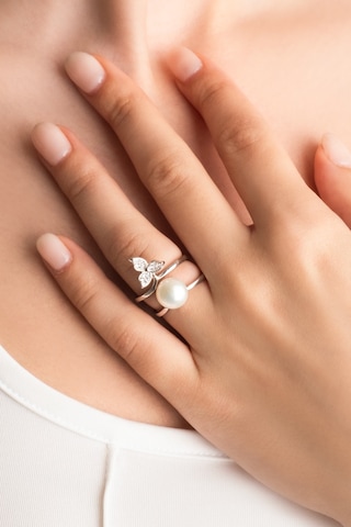 İnci Yaprağı 18 Ayar Beyaz Altın Kaplama Gümüş İkili Yüzük Beyaz