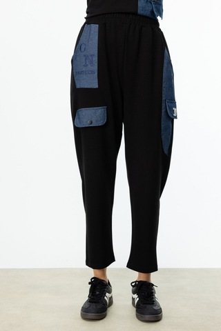 On Beli Lastikli Denim Detaylı Pantolon Siyah