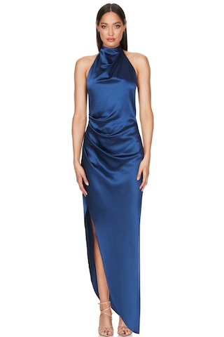 Hanife Glam Couture Hanife Glam Halter Yaka Asetat Saten Elbise Lacivert