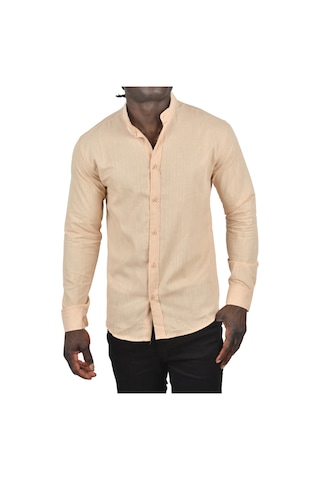 Deepsea Erkek Bej Hakim Yaka Flamlı Keten Gömlek Bej