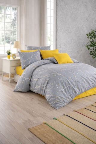 Çift Kişilik Dal Desenli Nevresim Takımı Gri-sarı Modern Tasarım 200x220 Cm