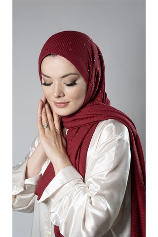 Hürrem Bone Bordo Pratik Hazır Geçmeli Tesettür Şal Örme Kumaş Taş Desenli 2118t 16