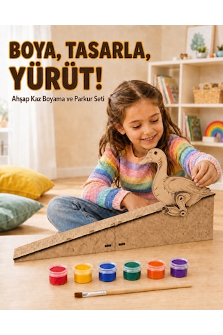 Çocuk Ahşap Hareketli Kaz Boyama Seti 6 Renk Boya, Fırça Ve Kolay Montaj Parkuru