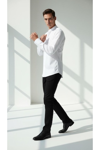 Plus Scorpion Erkek Hakim Yaka Slim Fit Gömlek Şık, Modern, Uzun Kollu, Düz Model Beyaz