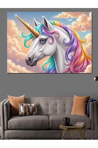 Ahşap Tablo Gökkuşağı Yeleli Beyaz Unicorn Tablosu