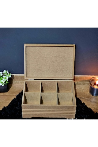 Ahşap 6 Bölmeli Orta Boy Takı Saat Aksesuar Kutusu Fitilli Model