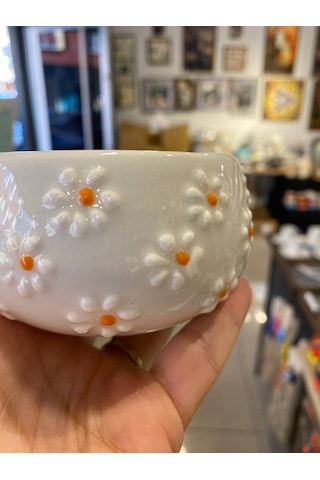 Seramik El Yapımı Fincan Takımı 2'li Set Papatya Desenli, Tabaklı Beyaz - Sarı