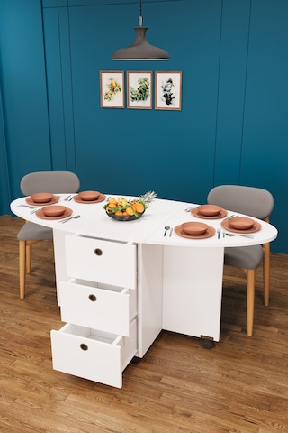 Asra Trend KM-08 %100 MDF 141x72 cm Katlanır Akıllı Mutfak Masası Tekerlekli Servis Masası 2 Çekmeceli Beyaz