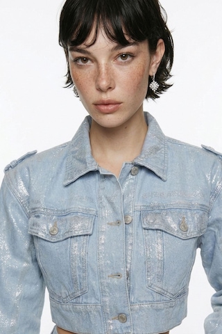 Holly Lolly Özel Yapım Parlak Kaplamalı Glossy Jean Ceket Mavi