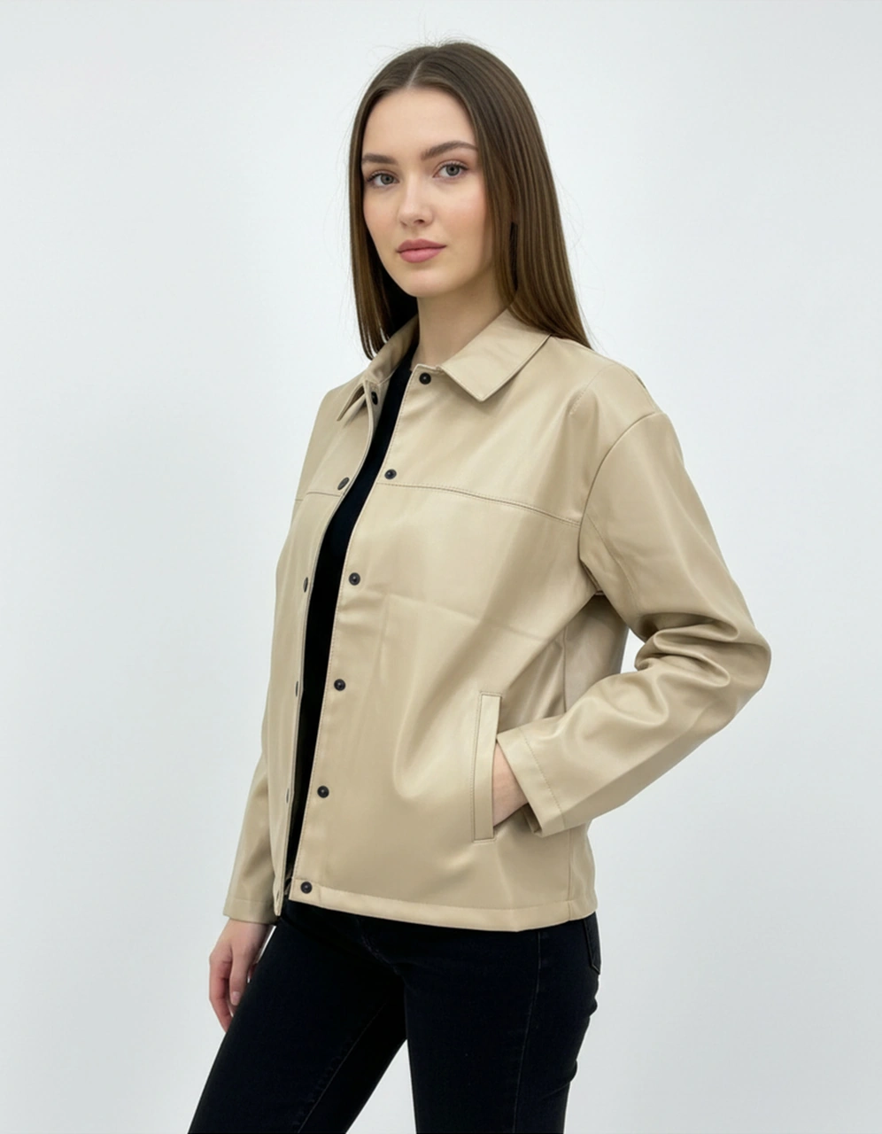 Kadın Çıtçıt Düğmeli - Suni Deri - Ceket -günlük Kullanım - Blazer Gömlek Yaka - Çift Cepli Koyu Bej