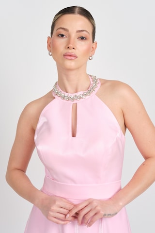 Saygın Kadın Halter Yaka Saten Midi Abiye Elbise 5624 Pembe Pembe