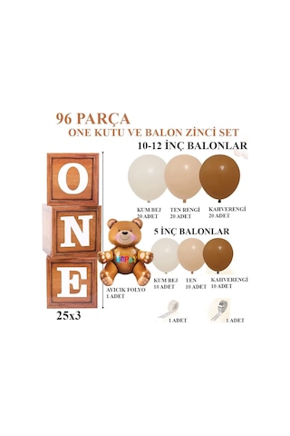 Oyuncak Ayı Temalı 1 Yaş Doğum Günü Seti Ahşap Görünümlü One Kutu Ve Retro Balon Zincir Set