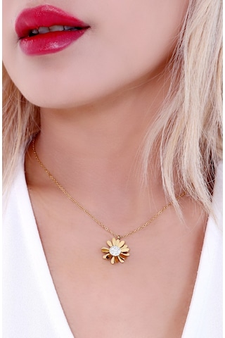 Kadın Altın Kaplama Papatya Çelik Kolye Gold Renk Altın