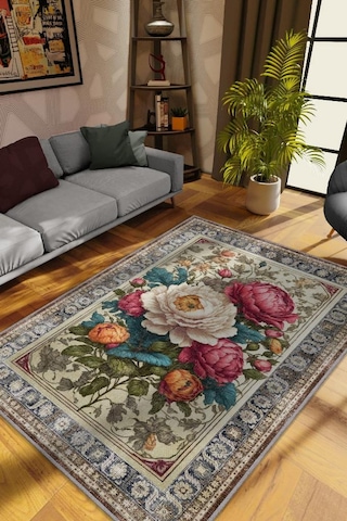 Homshtag Art Deco Şakayık Çiçeği Vintage Halı Görünümlü Dijital Baskı Renkli Halı Rustik Çiçek Halı Çok Renkli