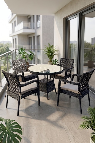 Eterna Serisi 1.sınıf 4 Adet Tekli Cappucino Rattan Krem Minder Bahçe Balkon Takımı Siyah Rattan Gri Minder