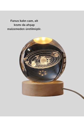 Kristal Gezegen Küre Usb Işıklı Gece Lambası Ahşap Tabanlı
