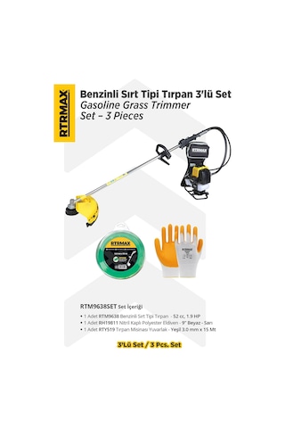 Rtrmax RTM9638 Benzinli Sırt Tipi Tırpan + Tırpan Bıçağı + Misina Başlığı Set