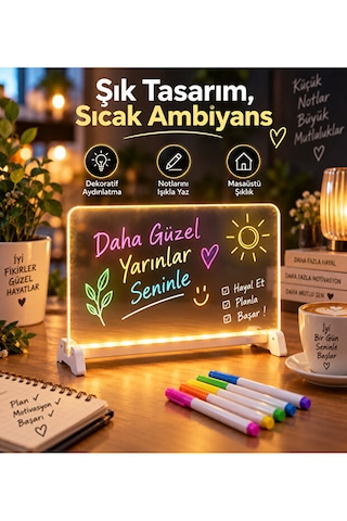 Led Işıklı Yazı Tahtası Akrilik Not Panosu Usb 5w Masaüstü Dekoratif Gece Lambası Beyaz
