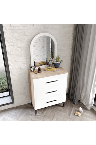 3 Çekmeceli Şifonyer Aynalı Tamamı Mdf Flora Beyaz