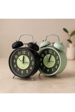 Twin Bell Metal Masa Çalar Saat 11 Cm - Pilli, Işıklı, Fosforlu Çok Renkli
